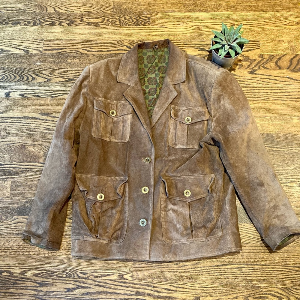 Retro Brown Leather Jacket with Gold Buttons and Paisley Lining.  Size: S.
